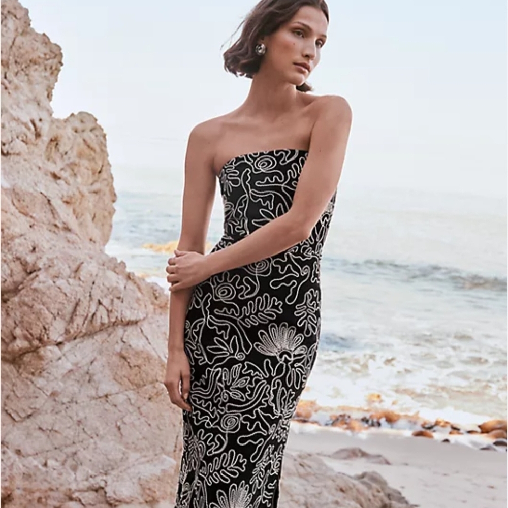 LOFT Black Strapless Midi Dress with White Floral Outline - Picture 3 of 11